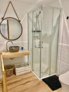 La salle de bains est pourvue d'une douche, d'un lavabo et d'un miroir. dans l'établissement Loft Alameda en Sevilla, à Séville