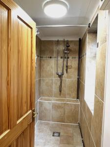 a bathroom with a shower with a glass door at Tregib Mill Cottage in Ffair-fâch