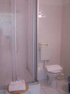 ゲーレンにあるAnbau Waldhotel - Fewo Mellienの白いバスルーム(トイレ、シャワー付)