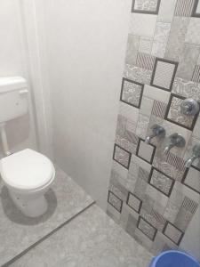 La salle de bains est pourvue de toilettes et d'un mur en carrelage. dans l'établissement Mahadev Home Stay, à Varanasi