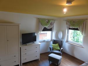 a living room with a tv and a chair and windows at Haus am Park in Thallwitz