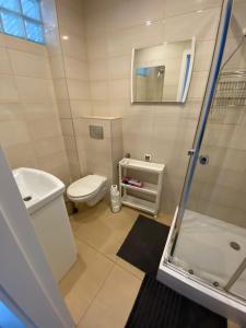 a white bathroom with a toilet and a shower at Villa Rosa in Poznań