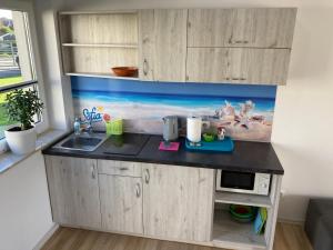 a kitchen counter with a sink and a microwave at Sofia Dwupoziomowe Apartamenty in Jarosławiec