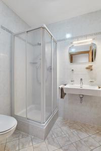 La salle de bains est pourvue d'une douche, d'un lavabo et de toilettes. dans l'établissement Jaufenspitze Blasighof, à Racines