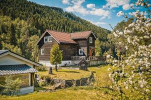 a large wooden house in the middle of a forest at Beautiful Private Villa with Lake View and Boat in Hålland