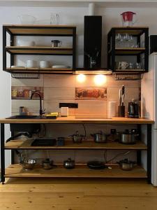 a kitchen with pots and pans on a shelf at Заграйка in Snidavka