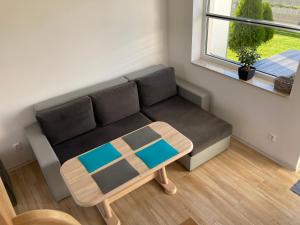 a living room with a couch and a table at Sofia Dwupoziomowe Apartamenty in Jarosławiec