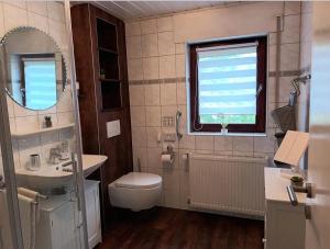 a bathroom with a sink and a toilet and a window at Zum Rosenhügel in Hellenthal