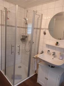 ein Bad mit einer Dusche und einem Waschbecken in der Unterkunft Zum Rosenhügel in Hellenthal