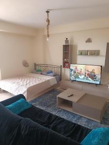 a living room with two beds and a flat screen tv at Zorbas House in Dhesfína