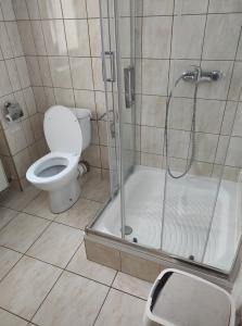 a bathroom with a toilet and a glass shower at Sanatorium "Dąbrówka" in Szczawno-Zdrój