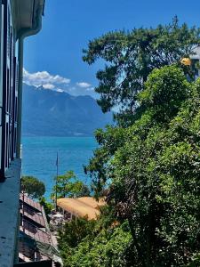a view of the ocean from a building at Montreux appartement centre lac in Montreux