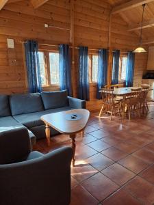 een woonkamer met banken en tafels in een hut bij Stardalen Hyttegrend in Klakegg