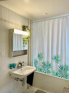 a bathroom with a sink and a shower curtain at Montreux appartement centre lac in Montreux