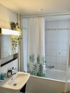 a bathroom with a shower curtain with a sink and a tub at Montreux appartement centre lac in Montreux