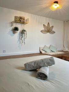 um quarto com uma cama com uma toalha em La Cabane Rennaise em Rennes