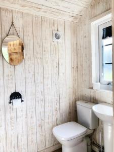 La salle de bains est pourvue de toilettes et d'un lavabo. dans l'établissement Holiday Lodges with hot tub & Cosy Cabins - Greenway Farm, Drybrook, Forest of Dean, à Drybrook
