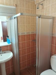 een douche in een badkamer met een toilet en een wastafel bij Grand Cnr Hotels in Fethiye