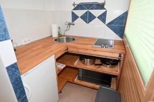 uma pequena cozinha com um lavatório numa pequena casa em Richi s Kitz Blick 21 em Kaprun