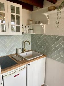 uma cozinha com um lavatório e um balcão em La Cabane Rennaise em Rennes
