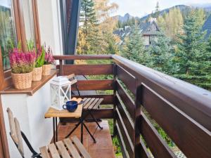 a balcony with chairs and a table with a view at Gościniec Skorusa in Kościelisko