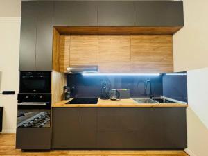 cocina con fregadero y fogones en Infinity Estate Atameken en Almaty