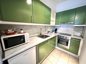 a green kitchen with green cabinets and a sink at Nova Apartments in Budapest