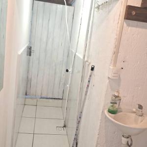 a bathroom with a shower and a sink at Tiny House da Tata in Florianópolis