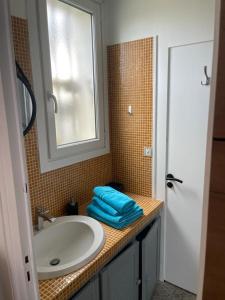 La salle de bains est pourvue d'un lavabo blanc et d'une fenêtre. dans l'établissement Chambre Privée chez L' Habitant, à Trignac