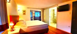 a bedroom with a bed and a television and a shower at LANDSITZ OBERHOF petit hôtel in Muggendorf
