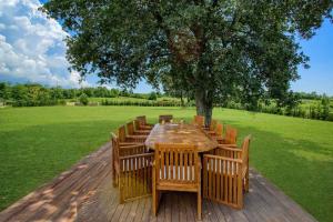 une table en bois avec des chaises assises sous un arbre dans l'établissement Villa Novica Platinum - 4 Bedroom Villa - Rural Countryside setting - Jacuzzi Sauna and Gym, à Jasenovica