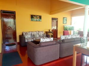 a living room with couches and a yellow wall at Palitha Homestay in Sigiriya