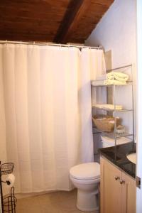 Un baño con una cortina de ducha blanca y un inodoro. en Rustic A-Frame hot tub retreat near Deception Pass, en Oak Harbor 36 fotos más