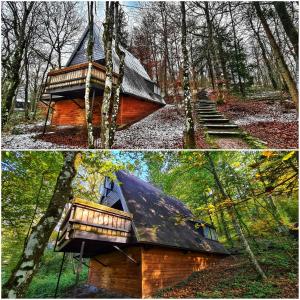 deux photos d'une cabane dans les arbres dans les bois dans l'établissement The Deer Lodge Durbuy, à Durbuy
