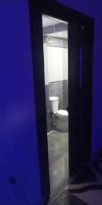 a blue room with a bathroom with a toilet at akhnaten villa in Cairo
