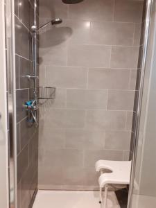 a shower with a glass door with a stool in a bathroom at Les Copains d'Abord in Beaucroissant