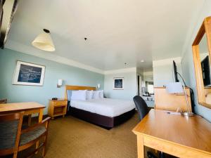 um quarto de hotel com uma cama e uma secretária em Seabird Lodge Fort Bragg em Fort Bragg