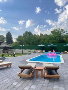 a swimming pool with two benches and a pink flamingo in front at Casa Mia Vrdnik in Vrdnik