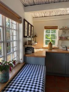 una cocina con alfombra a cuadros en el suelo en 13 On Vigne, en Greyton