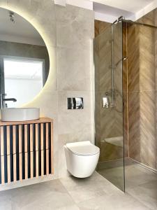 a bathroom with a toilet and a sink and a shower at MINIMAL. Dom całoroczny w górach in Duszniki Zdrój