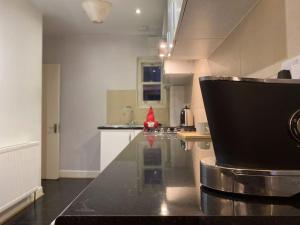 a kitchen with a black counter top in a room at Cosy Apartment near *Kings Cross* station in London