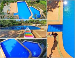 a collage of four pictures of a swimming pool at HomDoiIntr Framstay ฮ่อมดอยอินทร์ ฟาร์มสเตย์ in Ban Huai Kaeo