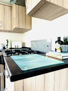 a kitchen with a stove with a blue counter top at Adelfas in Scarborough