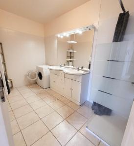 a bathroom with a sink and a washing machine at VILLA Élancia in Argelès-sur-Mer