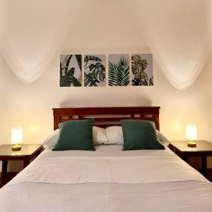ein Schlafzimmer mit einem Bett mit zwei Lampen an zwei Tischen in der Unterkunft JORA Studio Apartment 1-C in Dagupan