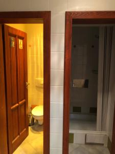 ein Badezimmer mit einem WC und einer Glastür in der Unterkunft Apartman U Andela in Strakonice