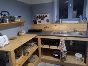 a kitchen with a sink and a counter with wooden cabinets at Studio d'aqui et d'ailleurs in Perpignan
