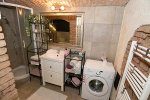 a bathroom with a sink and a washing machine at Central Oasis-with parking in Ljubljana