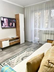 sala de estar con cama y TV en la pared en Апартаменты аэропорт 1, en Turksib