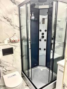 a shower stall in a bathroom with a toilet at Апартаменты аэропорт 1 in (( Turksib ))